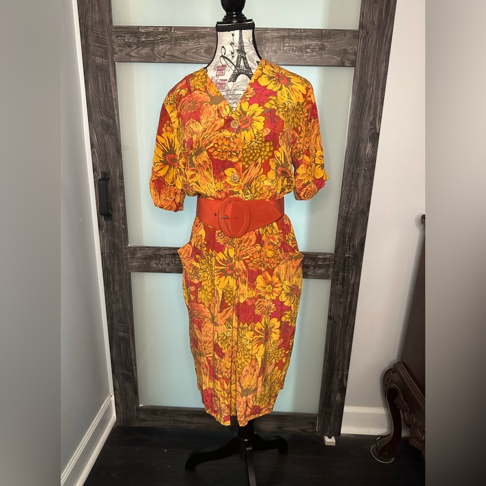 Vintage Floral Sunflower Silk Dress with Belt